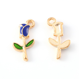 Alloy Enamel Pendants, Rose Shape, Light Gold, Blue, 19x9x2.5mm, Hole: 1.8mm