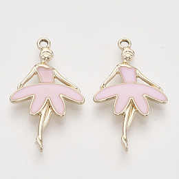 Light Gold Plated Alloy Pendants, with Enamel, Ballet Dancer, Pearl Pink, 30.5x18x2.5mm, Hole: 1.8mm