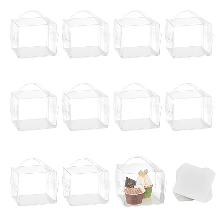 NBEADS 12 Pcs Hanging Transparent Gift Boxes, 5.1x5.1x5.1 Clear Candy Box Rectangle PVC Favour Boxes with Paper Mat and Handle for Candy Cake Chocolate Molds Christmas Wedding Party Ornaments Gifts