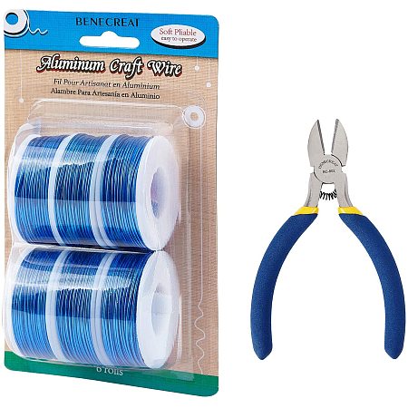 BENECREAT 6 Rolls 18 Gauge Aluminum Craft Wire with Side Cutting Plier, 450 Feet Jewelry Beading Wire Bendable Metal Wire for Jewelry Making Craft, DeepBlue
