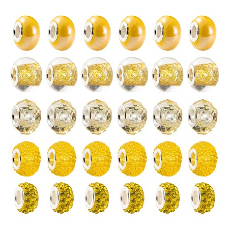 Arricraft DIY Jewelry Making Kits, Including 50Pcs 5 Style Rondelle Acrylic & Polymer Clay Rhinestone & Resin Rhinestone & Transparent Glass & Pearlized Handmade Porcelain European Beads, Yellow, 10~16x7~10mm, Hole: 4.5~5mm, 10pcs/style