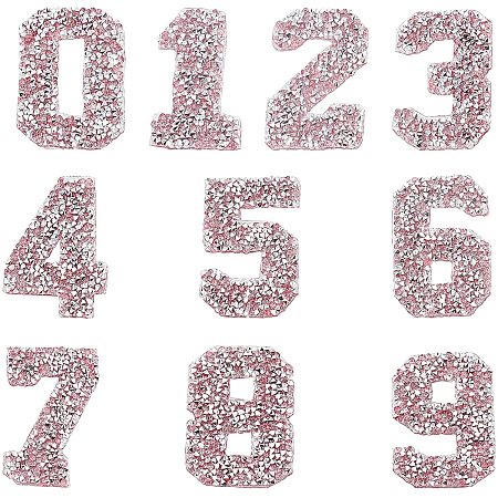 GORGECRAFT Glitter Rhinestone Number Stickers 0-9 Numbers 2.7 Inch High Self-Adhesive Sticker Iron-on Word Stickers for Cars Arts Crafts Clothing DIY Decoration (Pink)