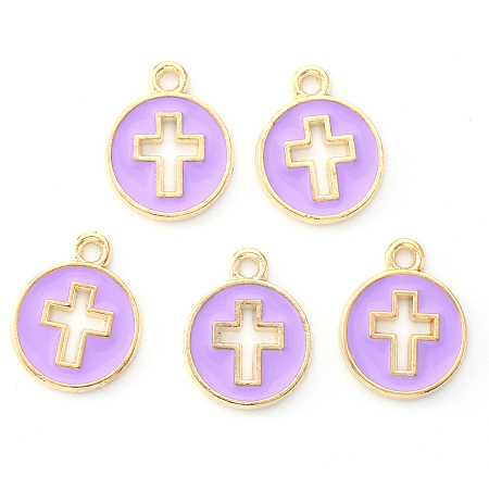 Honeyhandy Light Gold Plated Alloy Enamel Pendants, Flat Round with Cross, Orchid, 15x12x1.5mm, Hole: 1.6mm