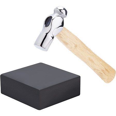 BENECREAT 6 Inch Mini Jewelry Hammer Iron Head Ball Pein Hammer with 5x5x2cm Black Square Rubber Bench Block for Jewelry Making DIY Crafts