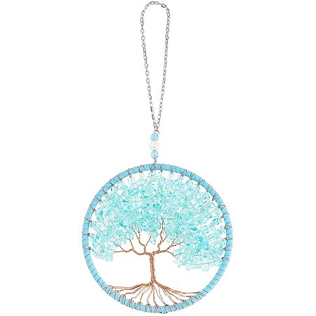 NBEADS 1 Pc Tree of Life Pendant, Natural Gemstone Wire Hanging Decoration, Cyan Gemstone Necklace with Iron Cable Chains for Home, Window, Car, Decoration