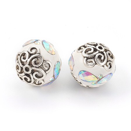 Handmade Indonesia Beads, with Metal Findings, Round with Flower, Antique Silver, White, 20~20.3x20~21.8mm, Hole: 1.4mm