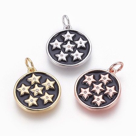 Brass Enamel Pendants, with Cubic Zirconia, Flat Round with Star, Black, Mixed Color, 17x15x2mm, Hole: 3.5mm