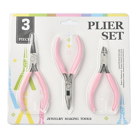 Honeyhandy Steel Pliers Set, with Plastic Handles, including Side Cutter Pliers, Round Nose Plier, Needle Nose Wire Cutter Plier, Pearl Pink, 113~126x48~52x6~10mm, 3pcs/set