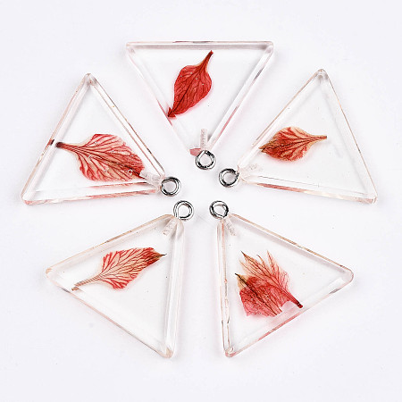 ARRICRAFT Resin Pendants, with Dried Flower Inside and Iron Findings, Triangle, Platinum, Crimson, 26.5x28x4.5mm, Hole: 2mm