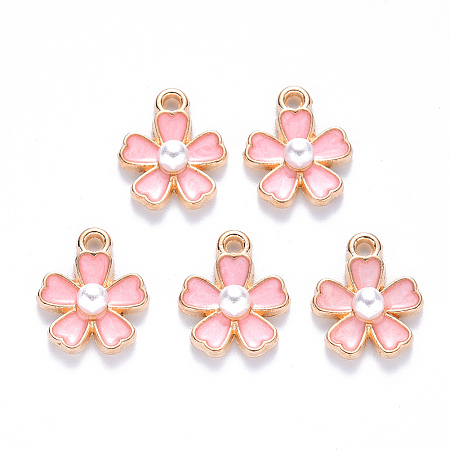 Honeyhandy Alloy Enamel Charms, with ABS Plastic Imitation Pearl, Sakura Flower, Light Gold, Light Coral, 14.5x11.5x4.5mm, Hole: 1.2mm