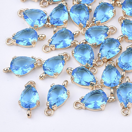 Honeyhandy Transparent Glass Links connectors, with Brass Findings, Faceted, Teardrop, Light Gold, Dodger Blue, 13x7x3.5mm, Hole: 1.2mm