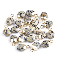Electroplate Natural Dalmatian Jasper Charms, with Iron Findings, Faceted, Oval, Golden, 14~15x8x5~5.5mm, Hole: 1.8mm