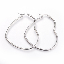 Honeyhandy 201 Stainless Steel Hoop Earrings, with 304 Stainless Steel Pin, Hypoallergenic Earrings, Heart, Stainless Steel Color, 66~68x57~59x2mm, 12 Gauge, Pin: 1mm