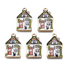 Honeyhandy Rack Plating Alloy Enamel Pendants, Cadmium Free & Nickel Free & Lead Free, House, Black, 21.9x13.3x2mm, Hole: 1.5mm