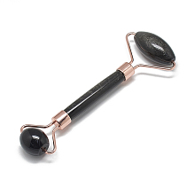 Honeyhandy Natural Obsidian Massage Tools, Facial Rollers, with Brass Findings, Rose Gold, 13.5~15.3x4~6x2~2.05cm