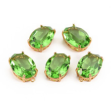 Honeyhandy Transparent Glass Pendants, with Brass Prong Settings, Faceted, Oval, Light Gold, Lime Green, 20x13x8.5mm, Hole: 1.5mm