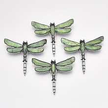 Honeyhandy Freshwater Shell Brooches/Pendants, with Alloy Findings and Resin Bottom, Rhinestone, Dyed, Dragonfly, Antique Silver, Dark Sea Green, 53x62x10mm, Hole: 5x4mm, Pin: 0.7mm