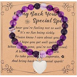 OLYCRAFT Natural Striped Agate Round Beaded Bracelet 8mm Get Well Soon Bracelet with Alloy Heart Charm Gemstone Stretch Bracelet with Message Card for Women Men Get Well Soon Gift