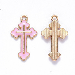 Honeyhandy Alloy Enamel Pendants, Cross, Light Gold, Pink, 25x14x2mm, Hole: 1.8mm