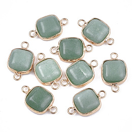 Honeyhandy Natural Green Aventurine Links connectors, with Brass Findings, Square, Golden, 21x13x5~5.5mm, Hole: 2.5mm