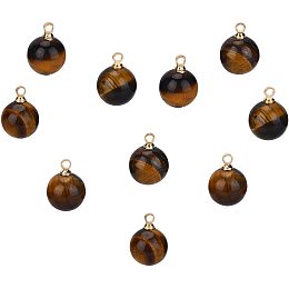 SUNNYCLUE 1 Box 10Pcs Round Natural Gemstone Charms Tiger Eye Charm Bead with Golden Brass Loops for Necklaces Bracelets Earring Jewelry Making Starter Supplies, 0.6x0.4inch