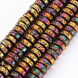 Honeyhandy Electroplated Natural Lava Rock Beads Strands, Flat Round/Disc, Heishi Beads, Bumpy, Colorful, 8.5x4mm, Hole: 1mm, about 104~105pcs/strand, 15.75 inch~15.94 inch(40cm~40.5cm)