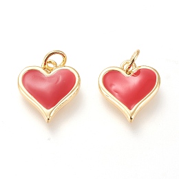 Honeyhandy Real 20K Gold Plated Brass Charms, with Enamel and Jump Rings, Long-Lasting Plated, Heart, Red, 14x13x2.8mm, Jump Ring: 5x1mm, 3mm Inner Diameter