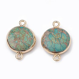 Honeyhandy Electroplate Natural Regalite/Imperial Jasper/Sea Sediment Jasper Links connectors, with Alloy Findings, Flat Round, Sky Blue, 24~25x16~18x5.5~6.5mm, Hole: 2mm