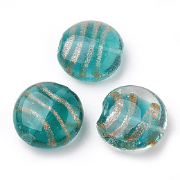 Honeyhandy Handmade Gold Sand Lampwork Beads, Flat Round, Light Sea Green, 19~20x20~20.5x10~11mm, Hole: 1~1.5mm