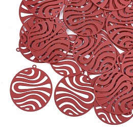 Honeyhandy 430 Stainless Steel Filigree Pendants, Spray Painted, Etched Metal Embellishments, Oval, Red, 30x25x0.3mm, Hole: 1.2mm