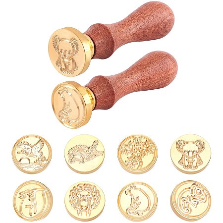 CRASPIRE 10PCS Wax Seal Stamp Set, 8 Pieces Brass Stamp Heads Animal Theme 25mm in Diameter with 2 Pieces Natural Wood Handles for Invitations Cards Gift Decoration