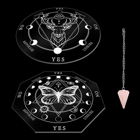 AHANDMAKER Acrylic Witch Pendulum Board Set, 2 Style Dowsing Planchette Metaphysical Message Board with Crystal Pendulum Necklace for Spirit Altar - Butterfly and Antler