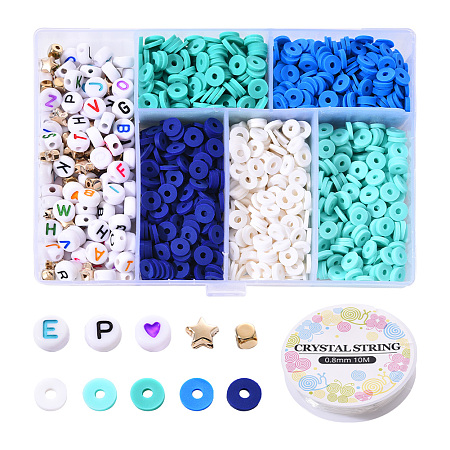 Arricraft 1350Pcs Polymer Clay Beads Kit for DIY Jewelry Making, Including Disc/Flat Round Polymer Clay Beads, Flat Round Acrylic Beads, Star & Cube Arricraft Plastic Beads and Elastic Crystal Thread, Dark Blue, Polymer Clay Beads: about 1200pcs/box