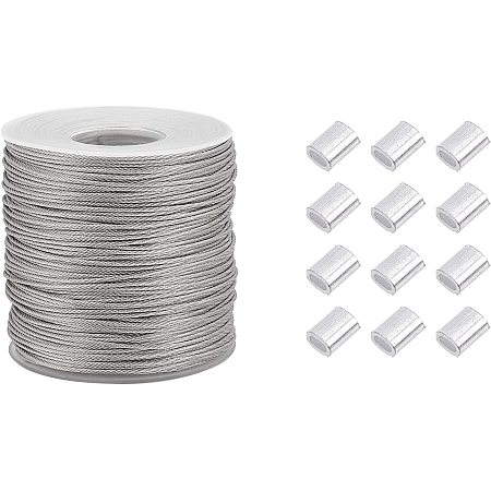 PandaHall Elite 328 Feet/109 Yards 1mm Heavy Duty Picture Hanging Wire, 304 Stainless Steel Photo Frame Hanging Wire with 30 pcs Aluminum Crimping Loop Sleeve for Mirrors Frames, Load Capacity 35LB