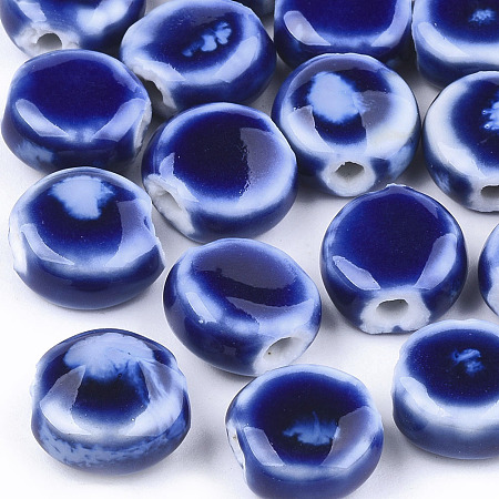 Honeyhandy Handmade Porcelain Beads, Fancy Antique Glazed Porcelain, Flat Round, Blue, 10~11x10.5~11x5~5.5mm, Hole: 1.5~2mm