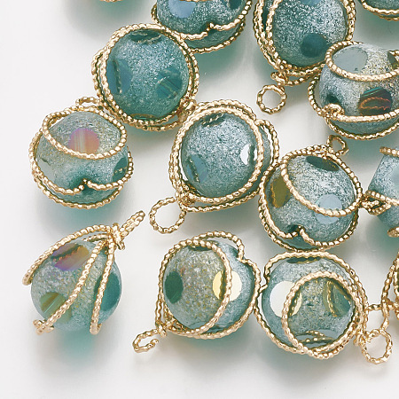 Nbeads Brass Glass Pendants, Frosted, Round, Real 18K Gold Plated, DarkCyan, 17~18x12x10mm, Hole: 1~2mm