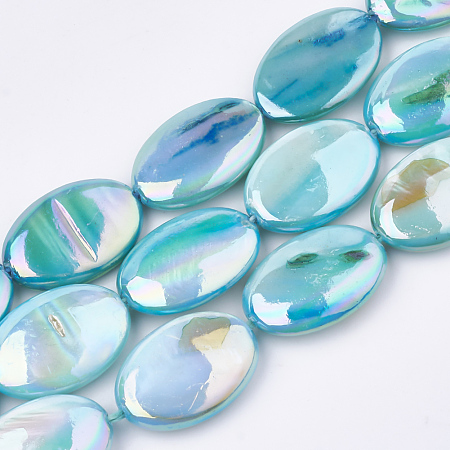 Nbeads AB Color Natural Freshwater Shell Beads Strands, Dyed, Oval, SkyBlue, 17~18x12.5x4~5mm, Hole: 1mm; about 22pcs/strand, 15.7''