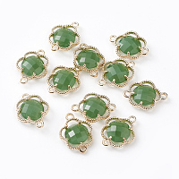 Glass Links connectors, with Environmental Alloy Open Back Berzel Findings, Faceted, Flower, Light Gold, Sea Green, 15.5x12x3mm, Hole: 1.4mm