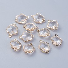 Honeyhandy Glass Links connectors, with Eco-Friendly Alloy Open Back Berzel Findings, Flower, Light Gold, Clear, 15.5x12x5mm, Hole: 1.4mm