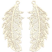 CHGCRAFT About 100pcs Brass Pendants Etched Metal Embellishments Long-Lasting Plated Charm Feather Shaped Finding Light Gold Color Pendant for DIY Jewelry Making 33.5x13x0.3mm