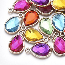 Arricraft UV Plating Acrylic Pendants, with Acrylic Rhinestone, Faceted, Teardrop, Light Gold, Mixed Color, 25x16x4.5mm, Hole: 2mm