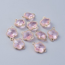 Honeyhandy Glass Links connectors, with Eco-Friendly Alloy Open Back Berzel Findings, Flower, Light Gold, Pink, 15.5x12x5mm, Hole: 1.4mm