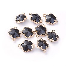 Honeyhandy Glass Links connectors, with Eco-Friendly Alloy Open Back Berzel Findings, Flower, Light Gold, Black, 15.5x12x5mm, Hole: 1.4mm