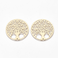 Honeyhandy Brass Links connectors, Etched Metal Embellishments, Flat Round with Tree, Light Gold, 30x0.3mm, Hole: 1.2mm