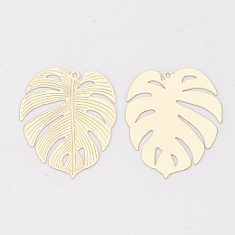 Honeyhandy Brass Pendants, Tropical Leaf Charms, Etched Metal Embellishments, Long-Lasting Plated, Monstera Leaf, Light Gold, 29.5x25x0.3mm, Hole: 1.2mm