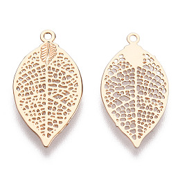 Honeyhandy Rack Plating Brass Filigree Pendants, Long-Lasting Plated, Leaf Charms, Light Gold, 19x10x0.4mm, Hole: 1mm