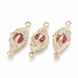 Arricraft Alloy Rhinestone Links connectors, with Enamel, Leaf with Ladybug, Light Gold, 27x12x3.5mm, Hole: 1.6mm