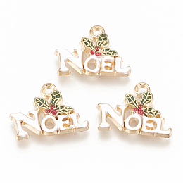 Arricraft Alloy Enamel Pendants, Christmas Holly Leaves with Word Noel, DarkOliveGreen, Light Gold, 14x19x3mm, Hole: 1.8mm