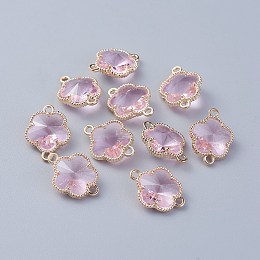 Honeyhandy Glass Links connectors, with Eco-Friendly Alloy Open Back Berzel Findings, Flower, Light Gold, Pink, 15.5x12x5mm, Hole: 1.4mm