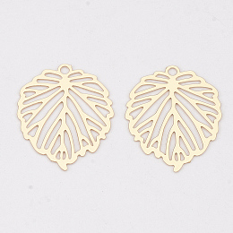 Honeyhandy Brass Pendants, Etched Metal Embellishments, Long-Lasting Plated, Leaf, Light Gold, 22x17.5x0.3mm, Hole: 1.5mm